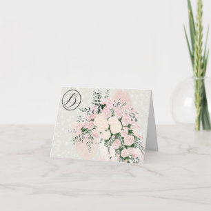 Carte De Remerciements Bouquet de rose à nœud rose tendre avec monogramme