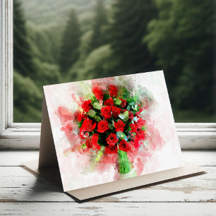 Carte De Remerciements Bouquet de roses rouges aquarelle sur fond blanc