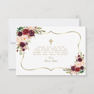 Carte De Remerciements Bourgogne Blush Floral Gold Cross Holy Communion