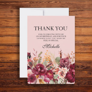 Carte De Remerciements Bourgogne Fleur rose Anniversaire 