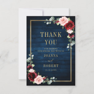 Carte De Remerciements Bourgogne Floral Or Bleu Marine Rustique Mariage A