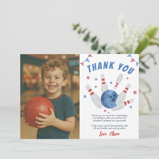 Carte De Remerciements Bowling Modern Anniversaire de enfant Party Photo (Debout devant)
