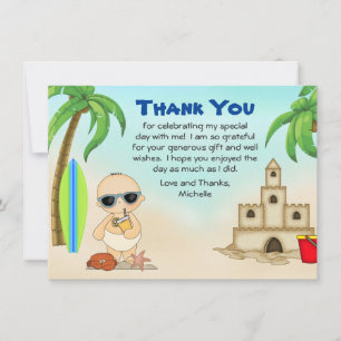 Carte De Remerciements Boy Beach Baby Sandcastle in Surfboard Baby shower