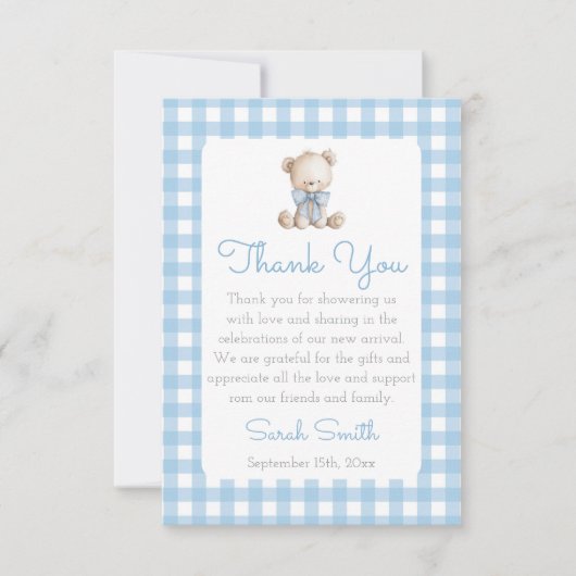 Carte De Remerciements Boy Bear Gingham (Devant)