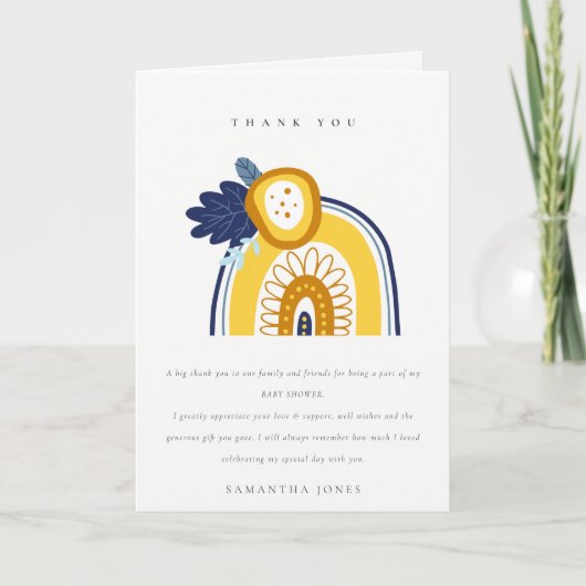 Carte De Remerciements Bright Yellow Navy Boho Floral Rainbow Baby shower (Devant)