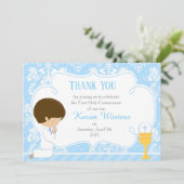 Carte De Remerciements Brunette Boy First Communion Damask (Debout devant)