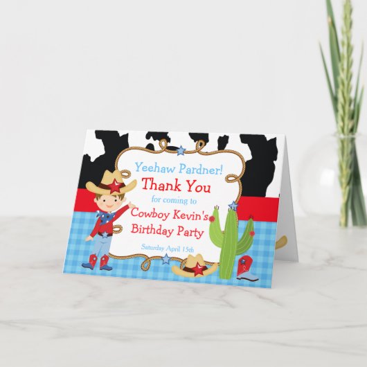 Carte De Remerciements Brunette Cowboy Fête d'anniversaire de l'Ouest (Devant)