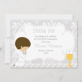 Carte De Remerciements Brunette garçon First Communion Damask (Devant)
