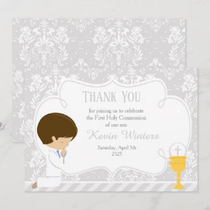 Carte De Remerciements Brunette garçon First Communion Damask