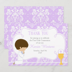 Carte De Remerciements Brunette garçon First Communion Damask