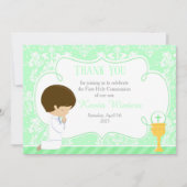 Carte De Remerciements Brunette garçon First Communion Damask (Devant)