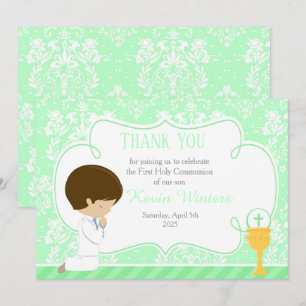 Carte De Remerciements Brunette garçon First Communion Damask