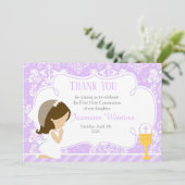 Carte De Remerciements Brunette Girl First Communion Damask (Debout devant)