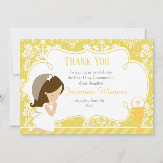 Carte De Remerciements Brunette Girl First Communion Damask (Devant)