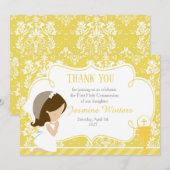 Carte De Remerciements Brunette Girl First Communion Damask (Devant / Derrière)