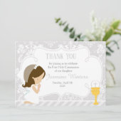 Carte De Remerciements Brunette Girl First Communion Damask (Debout devant)