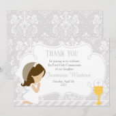 Carte De Remerciements Brunette Girl First Communion Damask (Devant / Derrière)