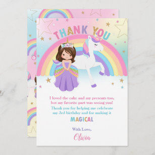 Carte De Remerciements Brunette Princess et Rainbow Unicorn Anniversaire