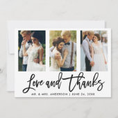 Carte De Remerciements Brush Script 3 Photo Mariage Love and Thanks (Devant)