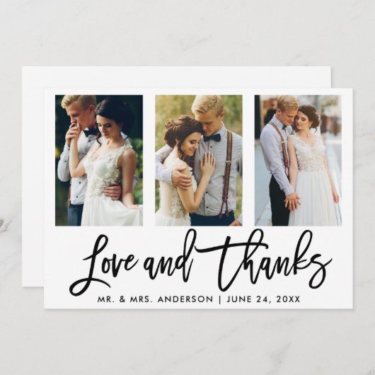 Carte De Remerciements Brush Script 3 Photo Mariage Love and Thanks (Devant / Derrière)