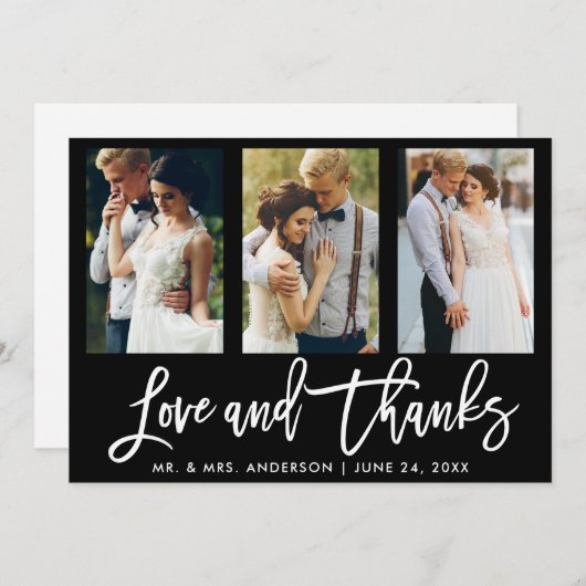 Carte De Remerciements Brush Script 3 Photo Mariage Love Thanks Blk (Devant / Derrière)
