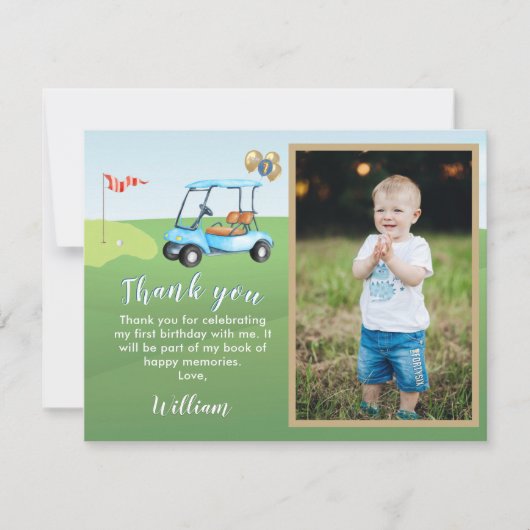 Carte De Remerciements BUDGET Photo garçon Trou en Un Golf 1er Anniversai (Devant)