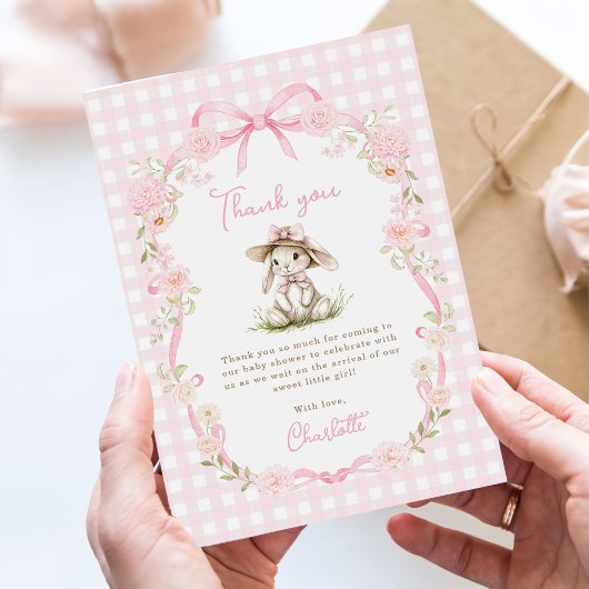 Carte De Remerciements Bunny Pink Bow Gingham Baby Shower