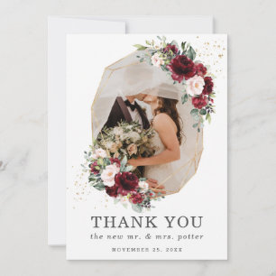 Carte De Remerciements Burgundy Blush Floral Gold Mariage photo géométriq
