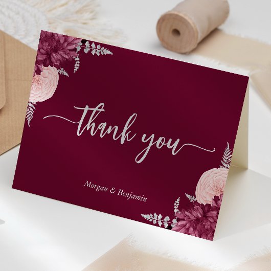 Carte De Remerciements Burgundy Blush Silver Floral Script Mariage