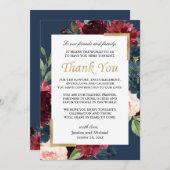 Carte De Remerciements Burgundy Floral Navy Bleu Mariage Cadre (Devant / Derrière)