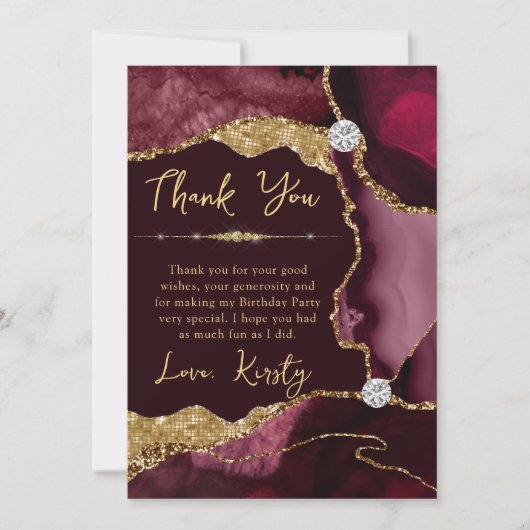 Carte De Remerciements Burgundy Gold Agate Geode Birthday (Devant)