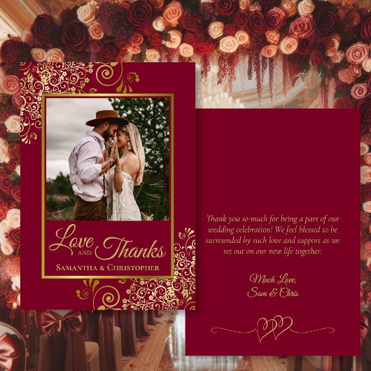 Carte De Remerciements Burgundy & Gold Love & Thanks Photo & Note Mariage