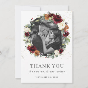 Carte De Remerciements Burgundy ivoire brûlé Orange Floral Wreath Photo