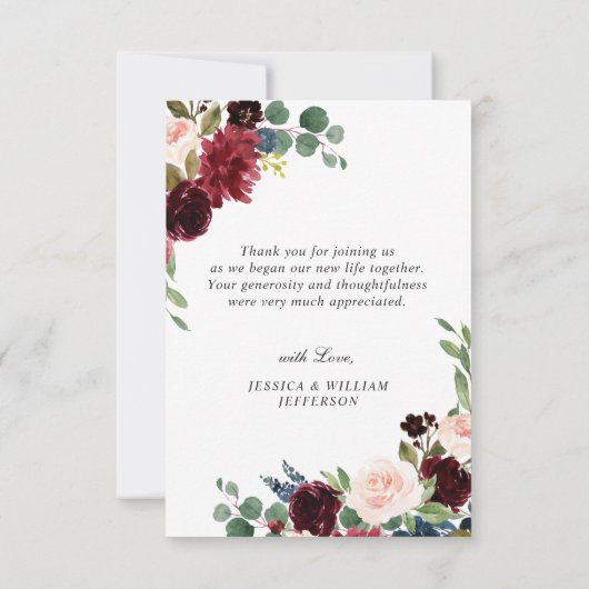 Carte De Remerciements Burgundy Navy Blue Blush Floral PHOTO Mariage (Dos)