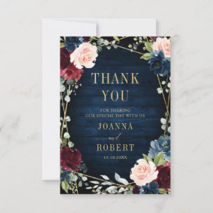 Carte De Remerciements Burgundy Navy Blush Floral Photo géométrique