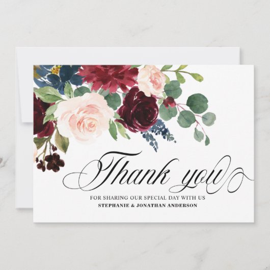 Carte De Remerciements Burgundy Navy Blush Rose Florals Botanique (Devant)