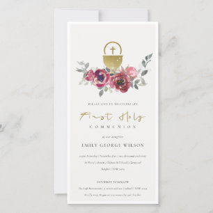 CARTE DE REMERCIEMENTS BURGUNDY OR FLORAL PREMIER SAINT COMMUNION INVITAT