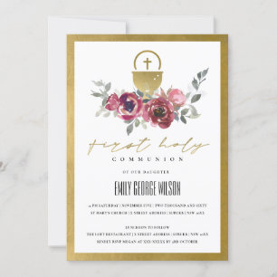 CARTE DE REMERCIEMENTS BURGUNDY OR FLORAL PREMIER SAINT COMMUNION INVITAT