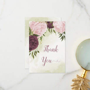 Carte De Remerciements cabernet rose fleurs vert feuille mariage