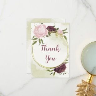 Carte De Remerciements cabernet rose fleurs vert feuille mariage