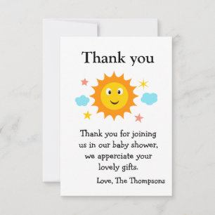 Carte De Remerciements Cadeau de Baby Shower Ensoleillé Voici le Soleil