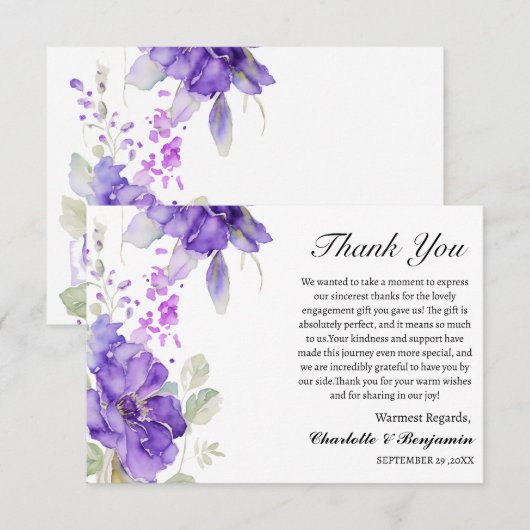 Carte De Remerciements Cadeau de fiançailles floral pourpre à l'aquarelle (Devant / Derrière)