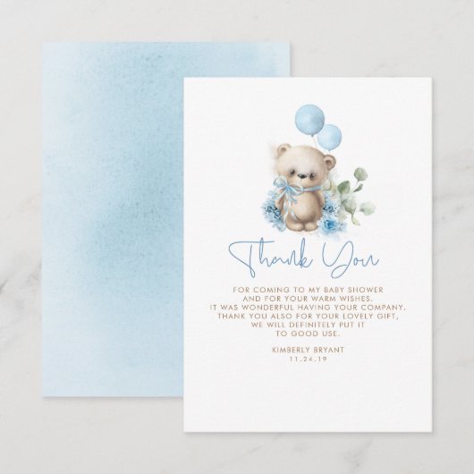 Carte De Remerciements Cadeau de remerciement pour une baby shower Ourson (Devant / Derrière)
