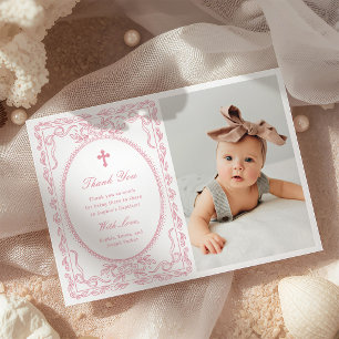 Carte De Remerciements Cadre Coquette Rose Fantaisiste Photo Baptême