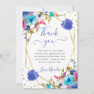 Carte De Remerciements Cadre de fleurs d'été rose et bleu pour anniversai