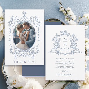 Carte De Remerciements Cadre de photo de mariage floral classique bleu po