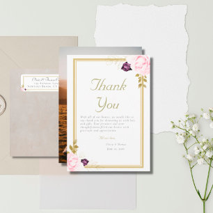 Carte De Remerciements Cadre d'or traditionnel Rose Rustique Mariage phot