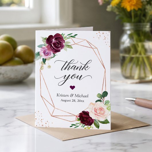 Carte De Remerciements Cadre géométrique moderne floral pourpre prune dor