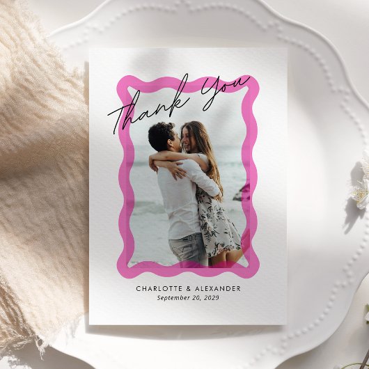 Carte De Remerciements Cadre transparent ondulé rose moderne, mariage pho
