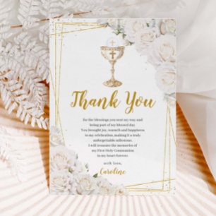 Carte De Remerciements Calice doré pour la Première Communion à décor flo